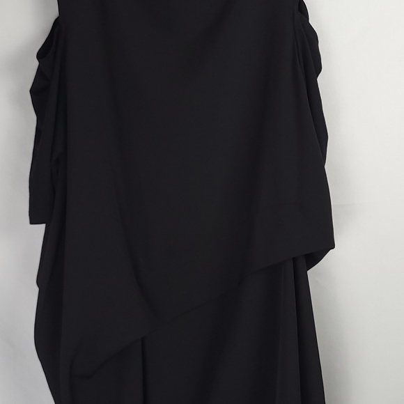 Comfy USA Black Cold Shoulder Draping Asymmetrical Artsy Chic Midi Dress Sz Med - Picture 5 of 9